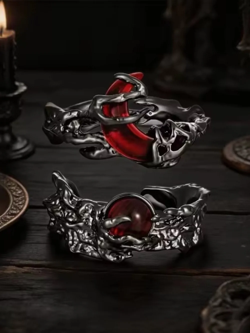 Gothic Silver Ring with Red Gemstone